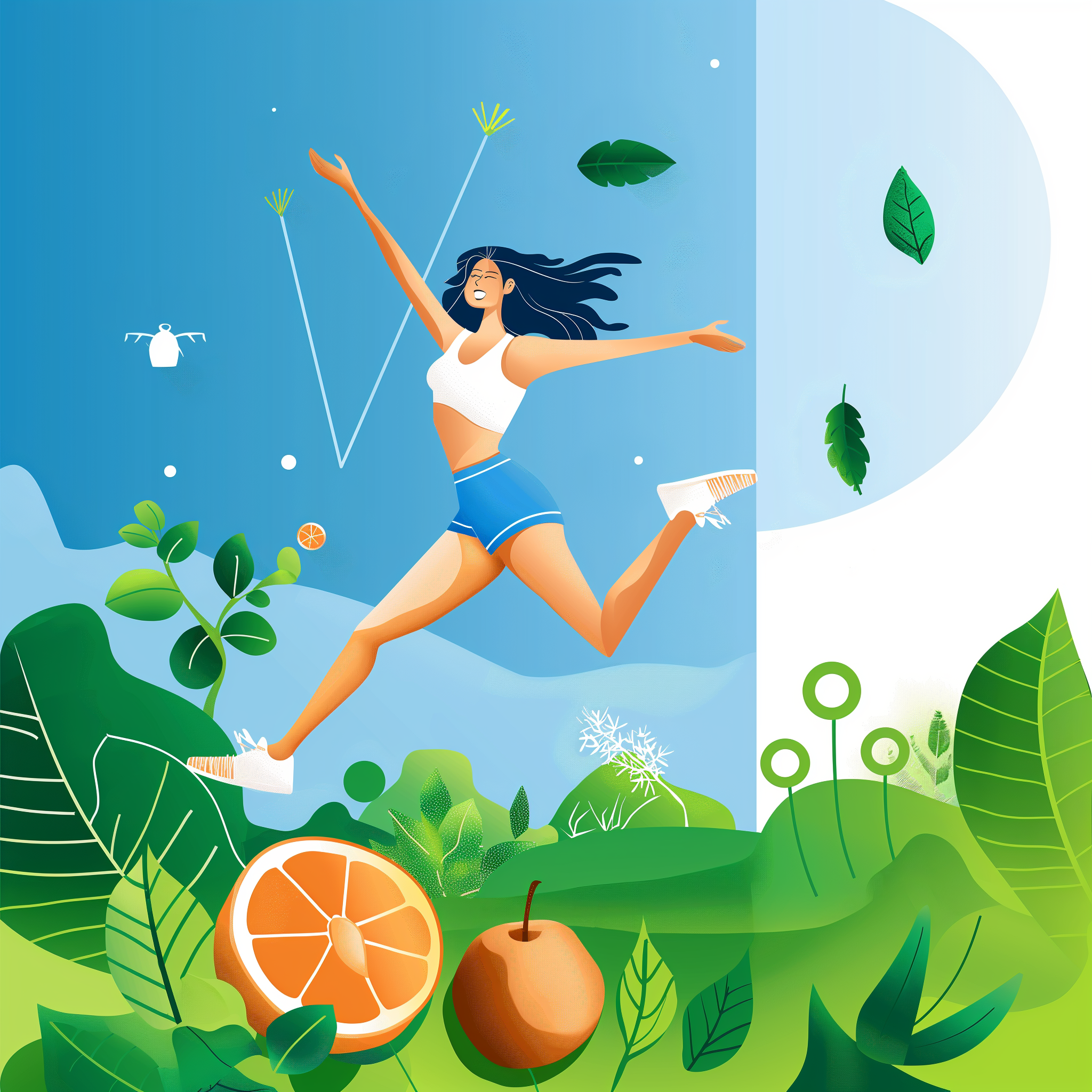 The image is a vibrant, animated illustration featuring a woman jumping joyfully. She is wearing a white sports bra and blue shorts, and her dark hair flows behind her. The background is a blend of blue sky and green hills, decorated with various leaves, plants, and fruits like an orange and a pear. The scene conveys a sense of health, vitality, and energy